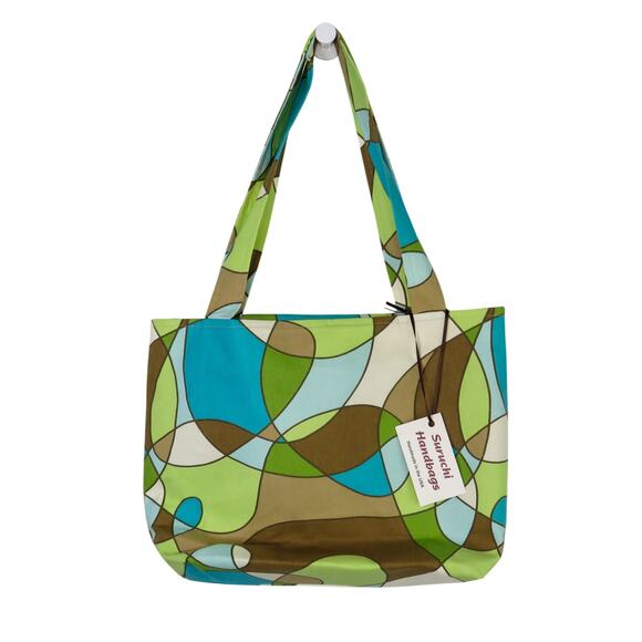 Y2k Vintage Suruchi Green & Blue Geometric Abstract Tote Shoulder Bag Beaded - Picture 3 of 11